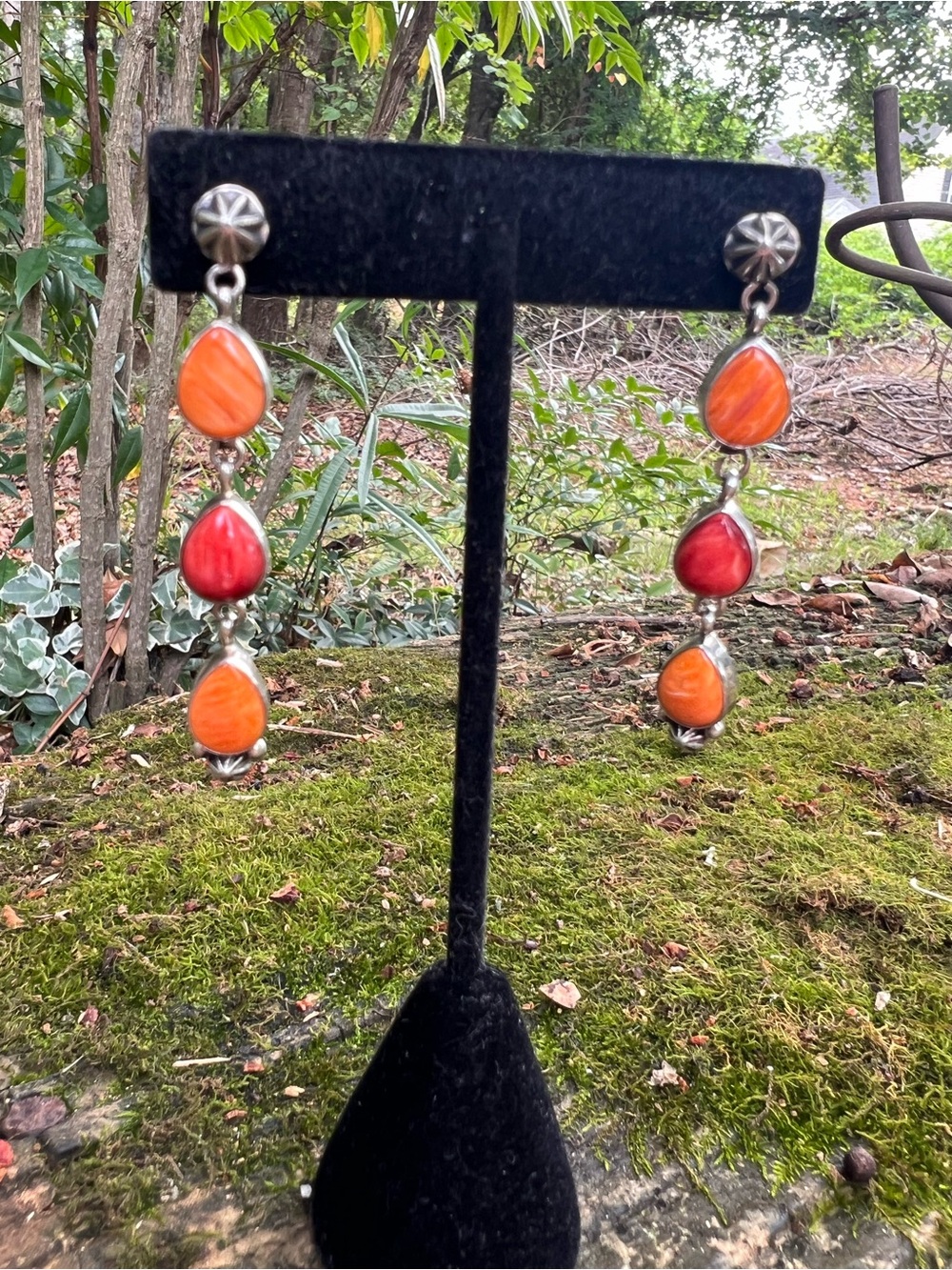 Navajo Carol Wylie Sterling Silver Orange & Red Spiny Oyster Dangle Earrings 19g